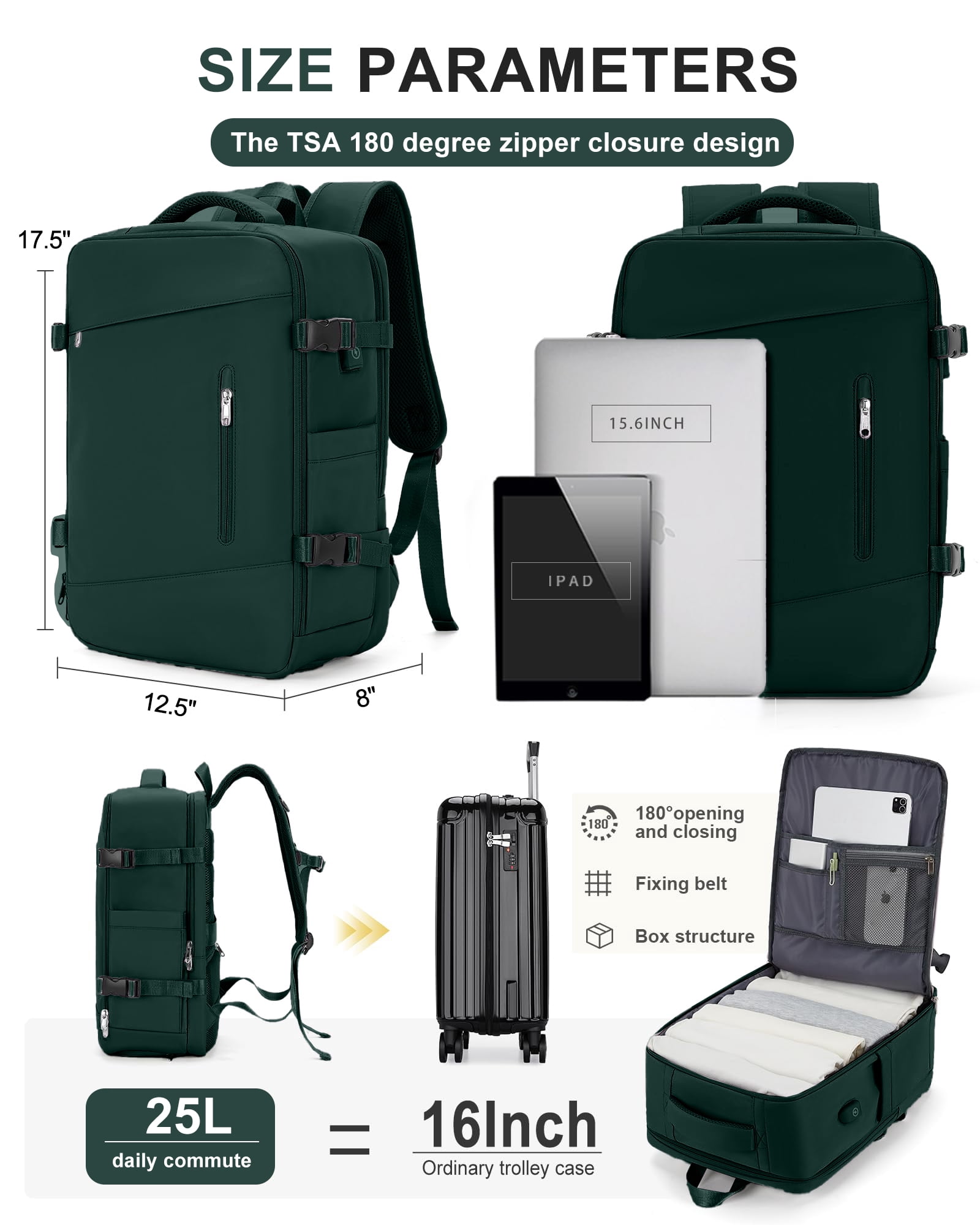 DAKIMOE Large Travel Backpack for Adults Carry on Laptop Backpack Flight Approved Waterproof College Bag with USB Charging Port & Shoe Pouch Casual Daypack for Women Men for Weekender Business, Green