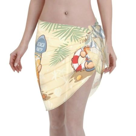 Adobk Women Beach Sarong Bathing Suit Hello Summer Cute Gnome Print Wrap Skirt Sheer Bikini Swimsuit Cover Ups For Swimwear