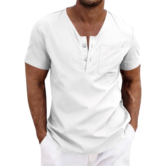 Ohufall Men's Henley Shirts Short Sleeve Button Linen T-Shirt Lightweight Fashion Casual Pullover Shirt