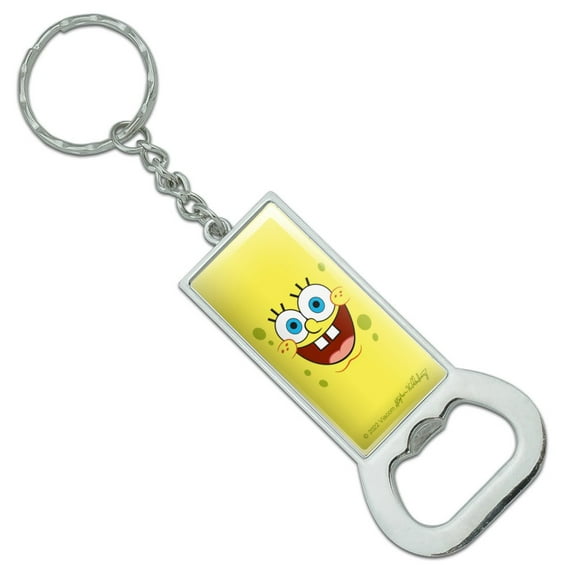 SpongeBob Goofy Smile Face Keychain Rectangle Chrome Plated Metal Bottle Cap Opener