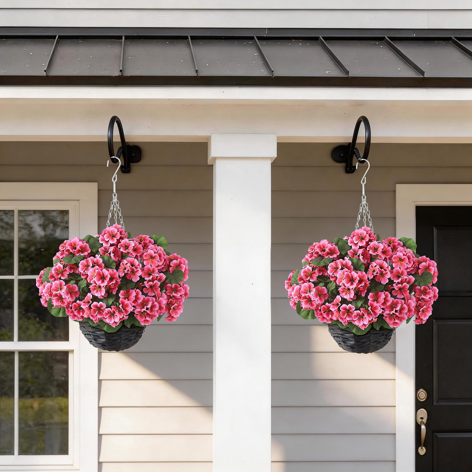2 Set Artificial Geraniums Flowers with Hanging Baskets for Outdoors - Sun Resistant Silk with Geranium Flowers, Fake Hanging Planters for Front Porch Garden Patio Home Decor (Red)