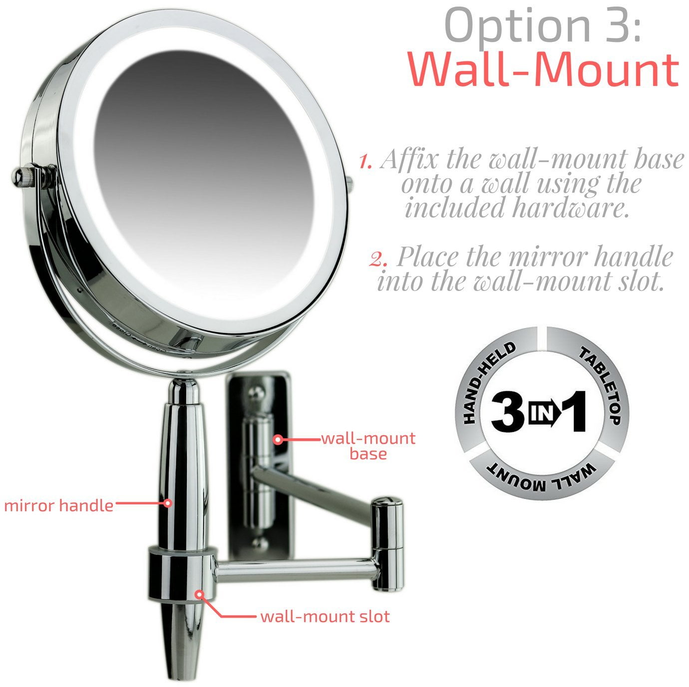 OVENTE 7'' Lighted Makeup Mirror with 1X/8X Magnification, Cordless Multi-Functional Round Vanity Mirror with 360° Swivel Design, Double Sided and Three Toned LED Lights, Polished Chrome MFM70CH1X8X