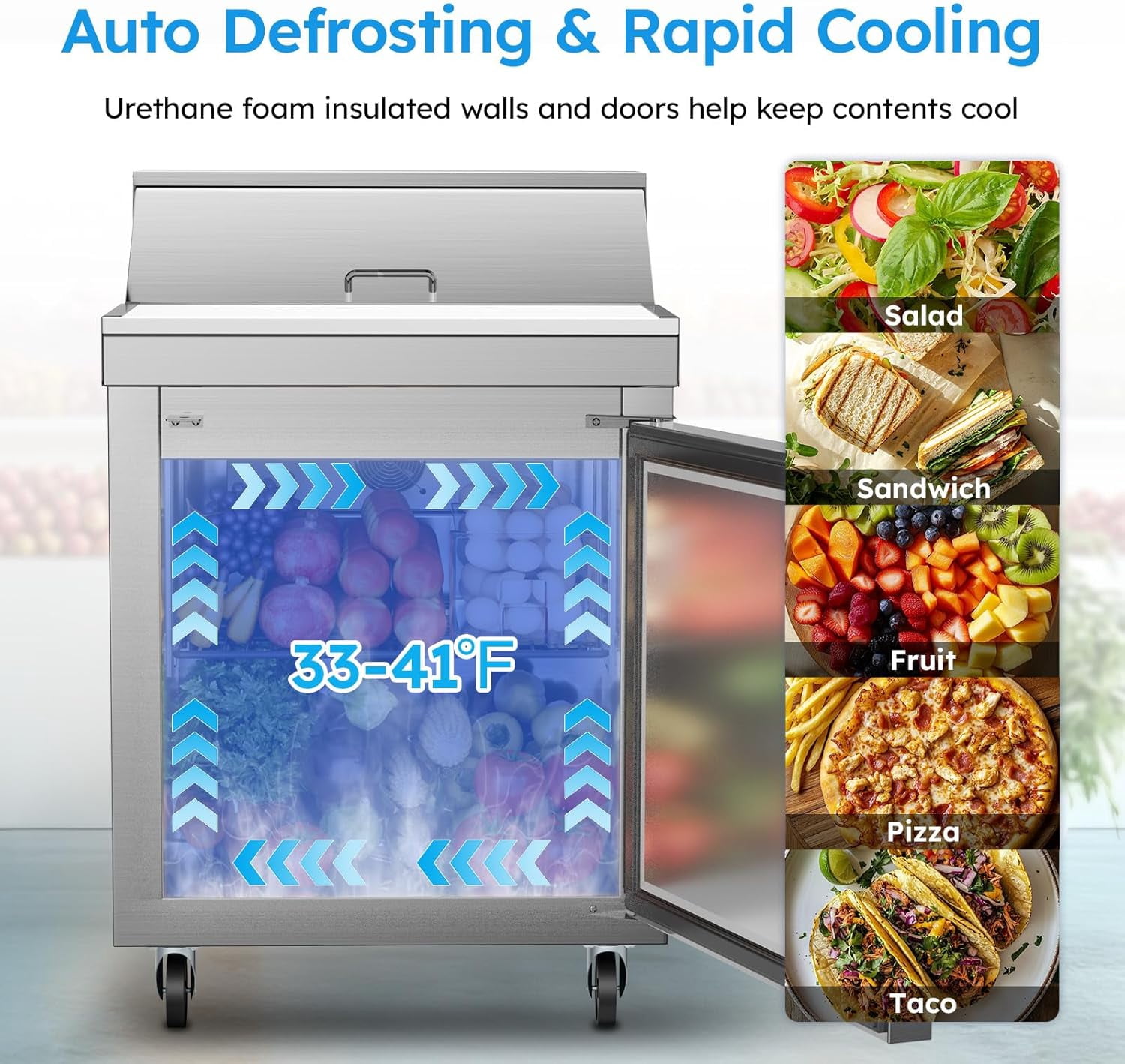 XUTUMM ETL & NSF Certified 27" Commercial Sandwich Prep Refrigerator - 11.6 Cu.Ft. Stainless Steel Salad/Pizza Prep Table with Cutting Board & 8 Pans