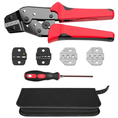 

Htovila Crimping Tool Kit with Bag Cable Ratchet Crimping Pliers with 4 Interchangeable Dies Adjustable Crimping Multifunction Crimper Pliers for Multiple Types of Crimp Terminals