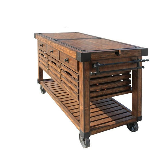 ACME Kaif 3-Drawer Wooden Kitchen Cart with 3 Baskets in Distress Chestnut