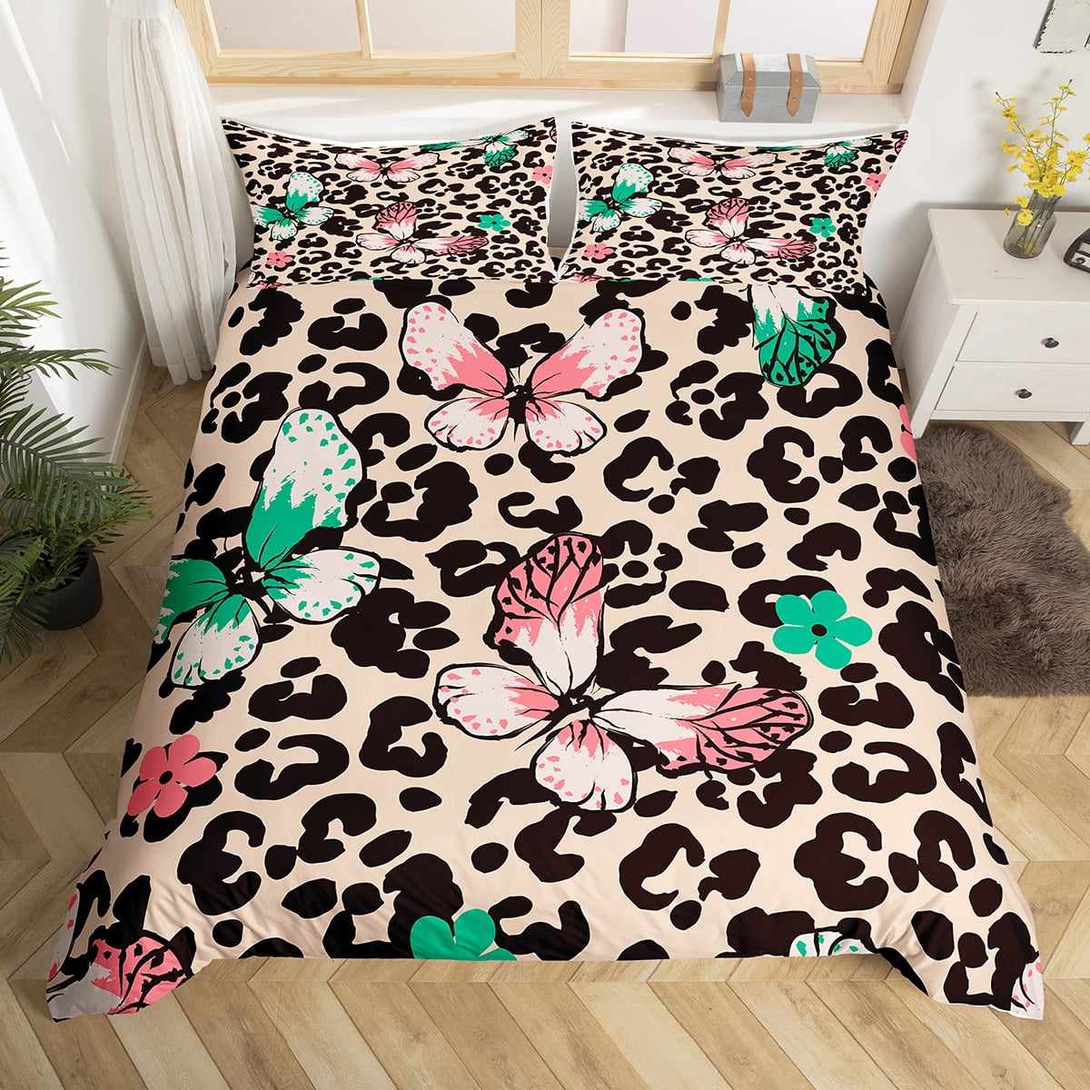 YST Leopard Print Bedding Sets Queen Animal Print Comforter Cover for Kids, Multicolor Butterfly