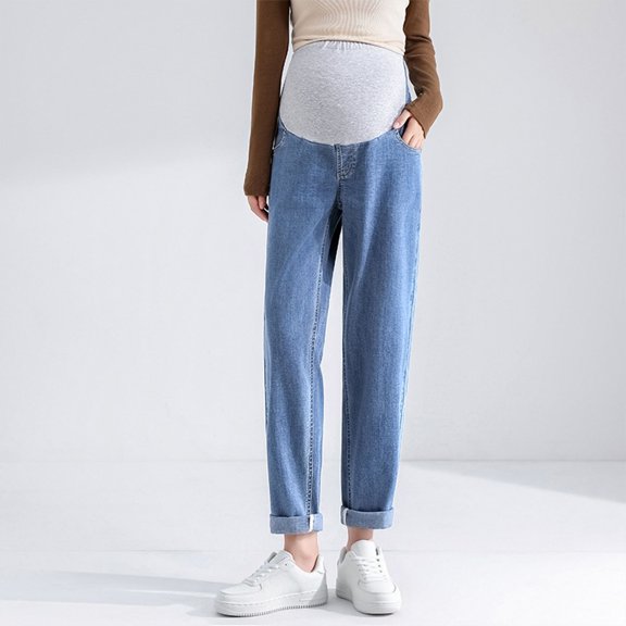 BRGZLK Women's Maternity Denim Jeans Trendy High Waist Elastic Loose Long Pants Comfy Stretch Belly Support Casual Pregnancy Pants with Pockets Blue XL