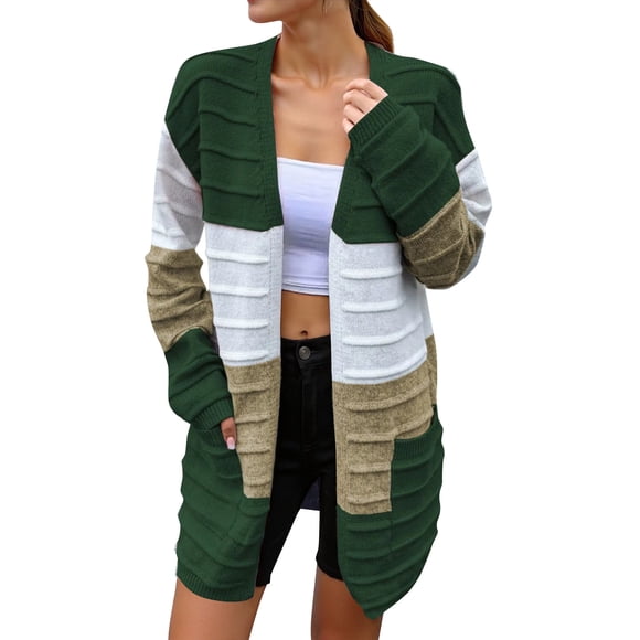 Fgnfyis Long Cardigan Sweaters for Women Long Sleeve Cardigan Sweater Striped Color Block Open Front Knit Coat with Pockets Green S