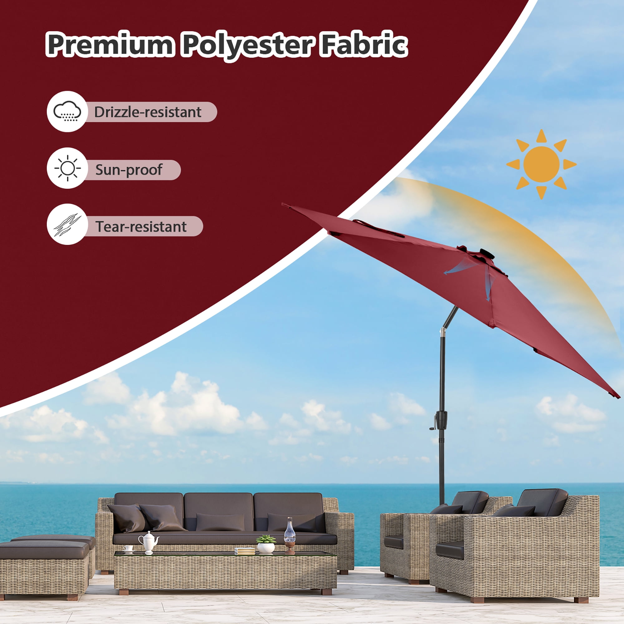 Gymax 10FT Solar Patio Umbrella 112 LED Lighted Umbrella Outdoor Table Market Umbrella Wine