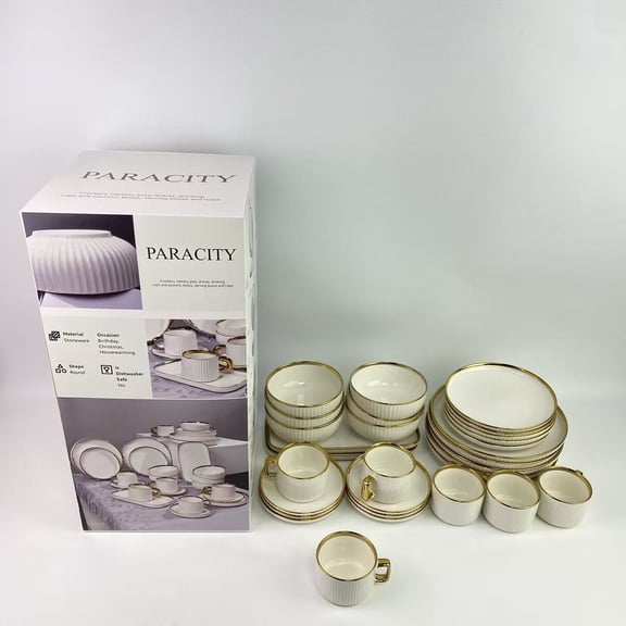 PARACITY Crockery, namely, pots, dishes, drinking cups and saucers, bowls, serving bowls and trays, Plates and Bowls Sets, Porcelain White and Gold Dinnerware Sets, White