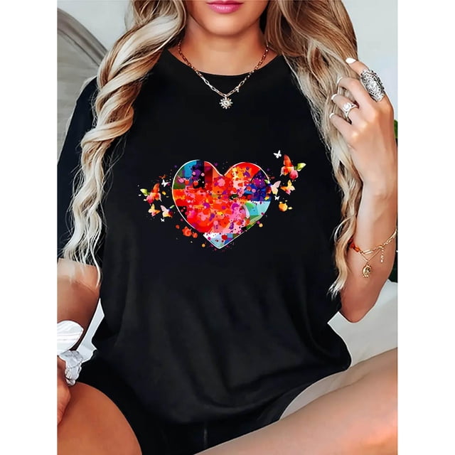 Women's Colorful Butterfly Heart Graphic Tee - Casual Crew Neck Short Sleeve T-Shirt, Stretchy & Machine Washable, Perfect for Summer
