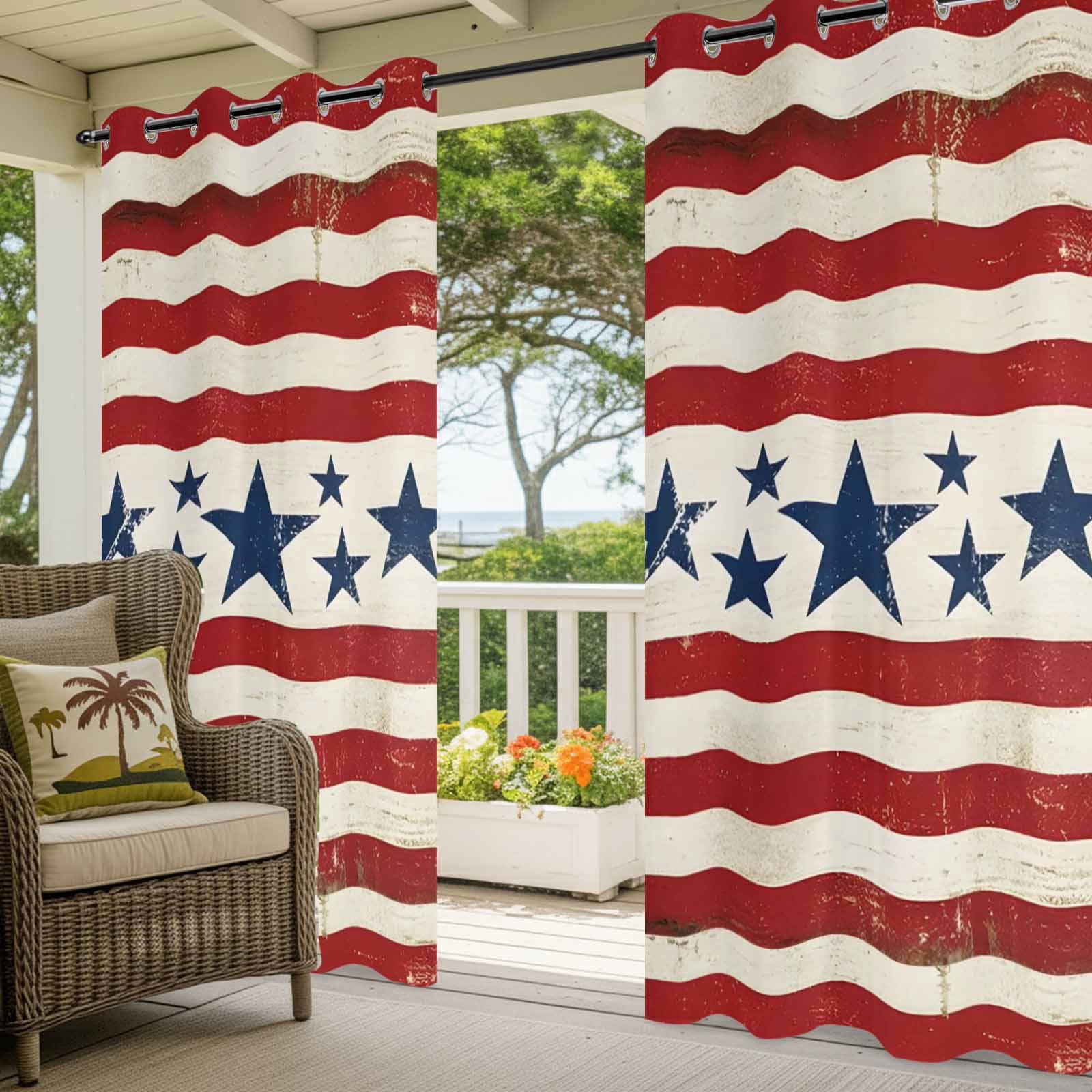 Independence Day Outdoor Curtains for Patio, Vintage Country Blue Stars Red Stripes Sunshade Privacy Drapes Grommet Waterproof Outside Curtains for Porch/Cabana/Balcony 54"x 108", 1 Panel