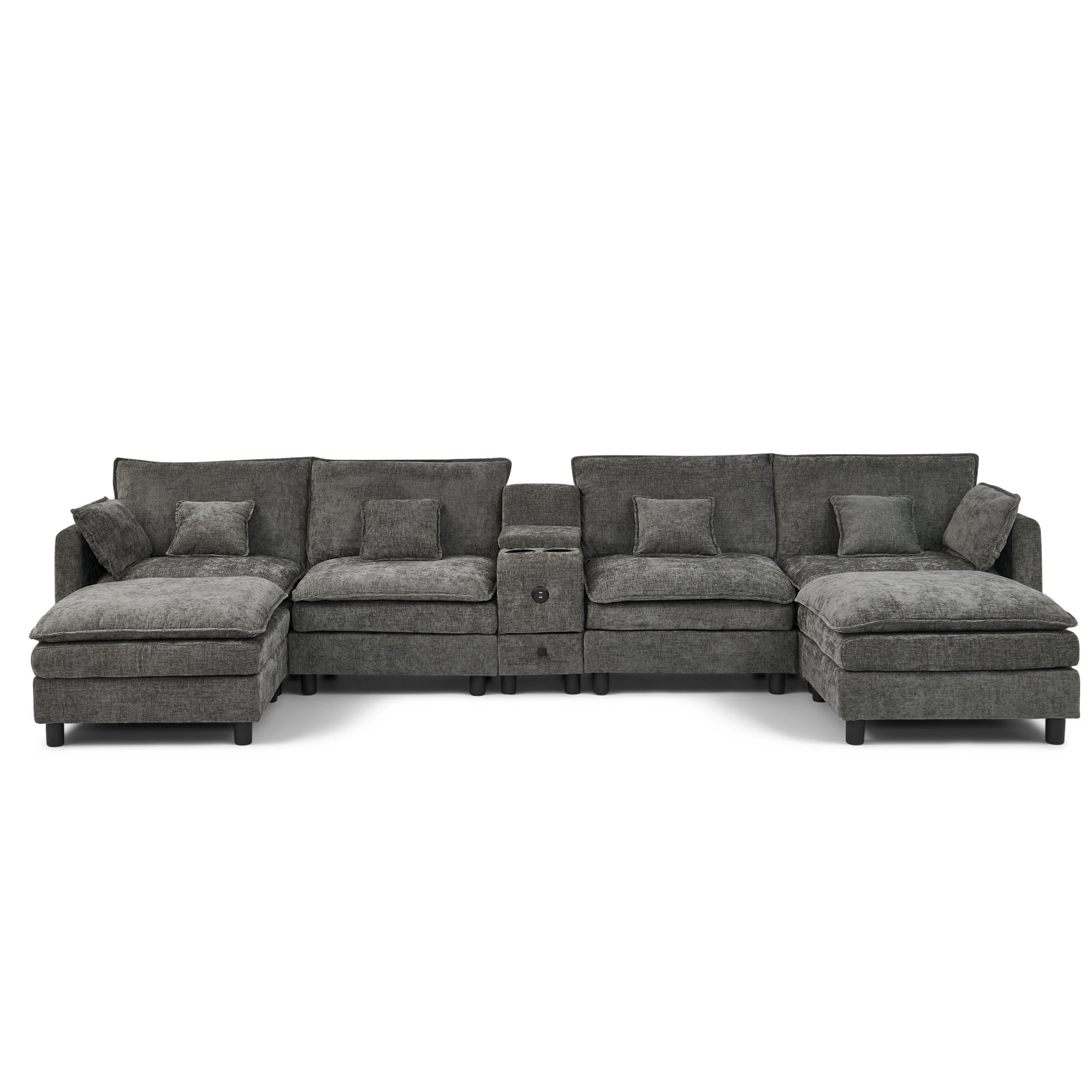 Modular U-Shaped Sectional Sofa with Reversible Chaise, USB Charging Ports & Storage Drawer, 6-Seater Sofa Couch with Flip-Top Cup Holder Console, Arm Pockets & Detachable Cushions