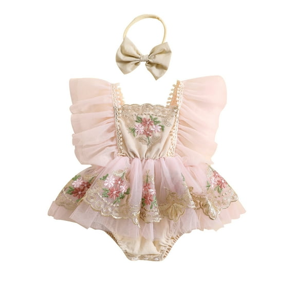 Elippeo Newborn Girl Outfit 3M 6M 12M 18M 24M Embroidery Flower Fly Sleeve Romper with Bowknot Hairband Summer Clothes