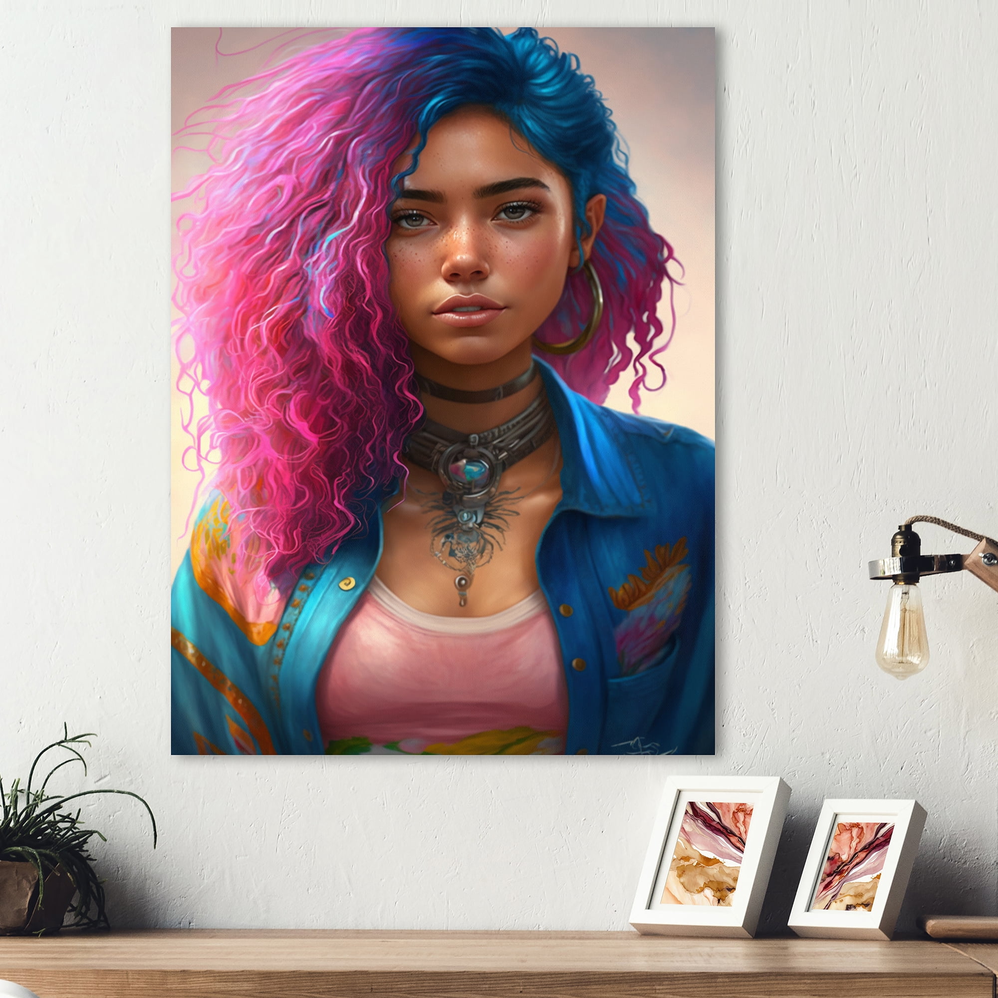 Designart Fashion Indian Woman In Pink And Blue I Canvas Wall Art