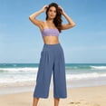 thumbnail image 4 of Womens Cropped Pants High Waisted Wide Leg Pleated Culottes Lightweight Casual Summer Trousers with Pockets for Travel Vacation,Blue,M, 4 of 7