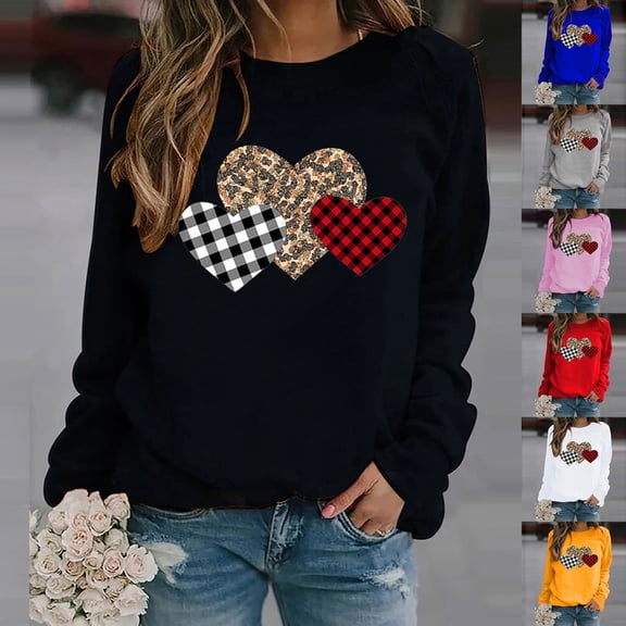Yotami Valentine's Day Shirts for Women Plus Size Cute Heart Print Tops Long Sleeve Crewneck Loose Fit Blouses Black - Valentine's Day Gifts for Her