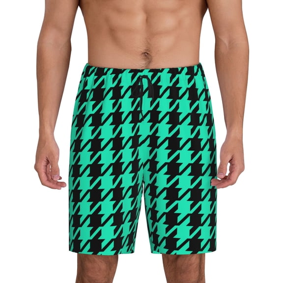 Logiee Green and Black Houndstooth Print Men's Pajama Shorts with Drawstring & Pockets,Sleep Shorts for Men,Sleepwear Bottoms,Elastic Waistband Loungewear-Small