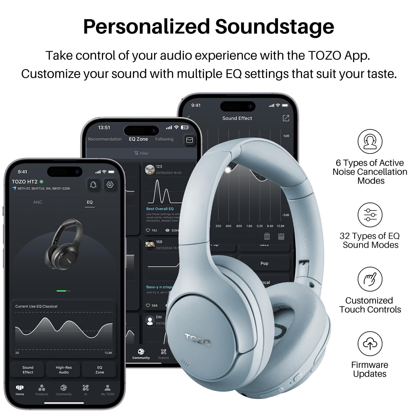 TOZO HT2 Hybrid ANC Wireless Bluetooth Headphones, Hi-Res Audio, 60H Playtime, Foldable, Blue