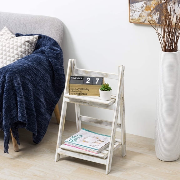 2 Tier Rustic Whitewashed Solid Wood Freestanding Foldable Indoor Plant Stand