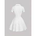 thumbnail image 2 of White Ribbed Knit Collar Mini Dress, Short Sleeve V-Neck Flared Skirt, 2 of 4