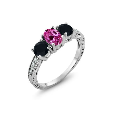 1.94 Ct Oval Pink Created Sapphire Black Onyx 925 Sterling Silver Ring