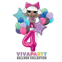 Lol Round Balloon Bouquet 18 Pc, 4Th Birthday, Hot Pink Number 4 Jumbo Balloon Viva Party Balloon Collection