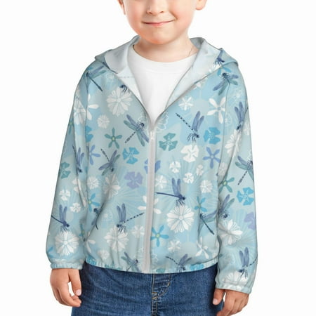 

Sun Hoodie for Kids Dragonfly Flower Light Blue Long Sleeve Swim Fishing Shirts Sun Protection Zip Up Jacket Clothing Athletic Hoodie