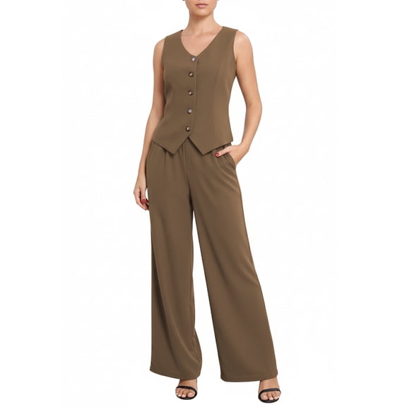 Firvespy Women's 2 Piece Blazer Outfits Summer Sleeveless V Neck Vest and Wide Leg Pants Set High Waist Tailored Business Casual Suit