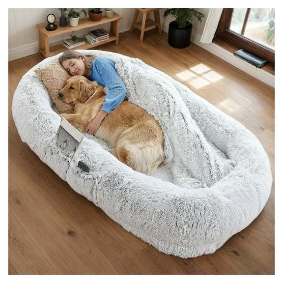 Human Dog Bed, Washable Faux Fur Dog Bed for People Doze Off, Napping Orthopedic Dog Bed,71''x45''x14'' Size Fits You and Pets (Grey)