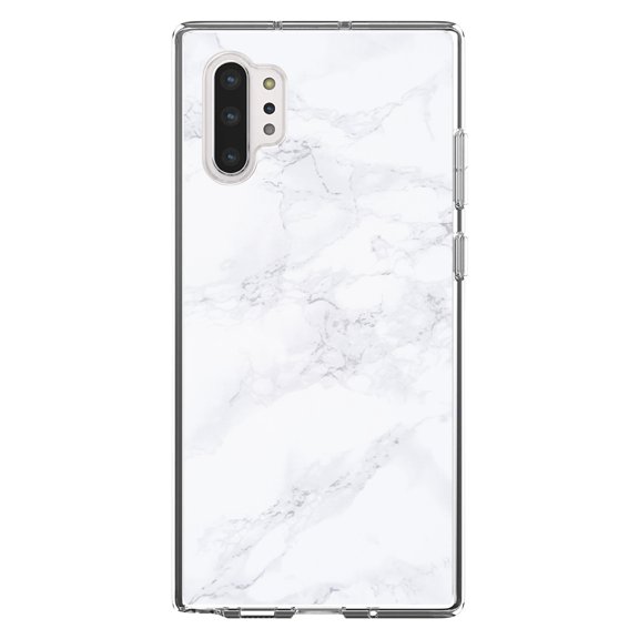 DistinctInk Clear Shockproof Hybrid Case for Galaxy Note 10 PLUS (6.8" Screen) - TPU Bumper, Acrylic Back, Tempered Glass Screen Protector - White Grey Marble Carrara