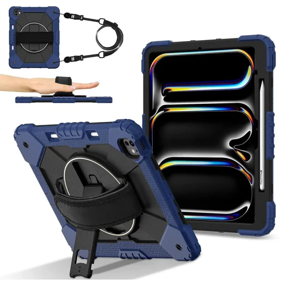 Case for iPad Pro 13 inch M4 2024 (7th Generation) Model A2925/A2926/A3007 with Rotating Stand Pencil Holder Hand/Shoulder Strap, Heavy Duty Shockproof Protective Cover