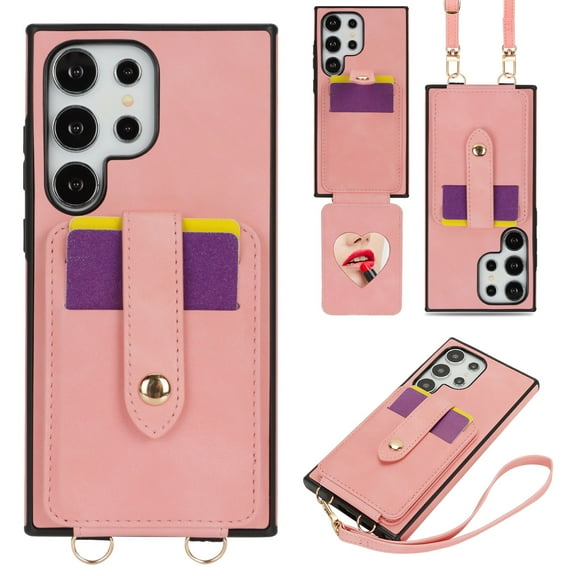 for Samsung Galaxy S25 Plus Wallet Cover, with Mirror & Magnetic Clasp & Credit Card Holder Kickstand, Crossbody Strap & Wrist Strap PU Leather Cover for Samsung Galaxy S25 Plus Women Girls, Pink
