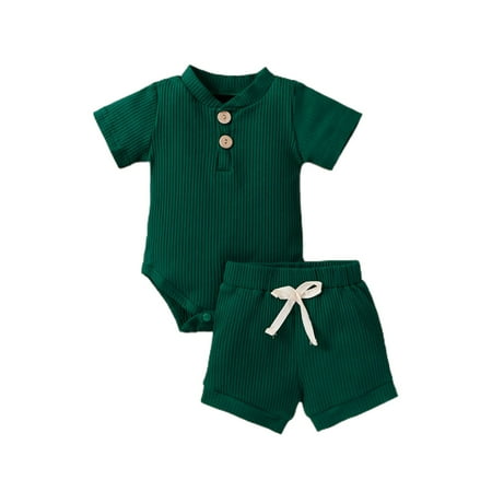 

Douhoow 2PCS Baby Summer Clothes Unisex Short Sleeve Ribbed Solid Bodysuits+Shorts