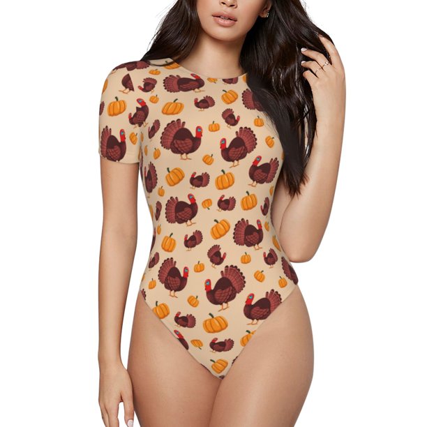 Fotbe Thanksgiving Turkey and Pumpkin Body de Mujer con Cuello Redondo y Mangas Cortas, Sin Mangas Ajustado, Suave, Cómodo y Básico-Small