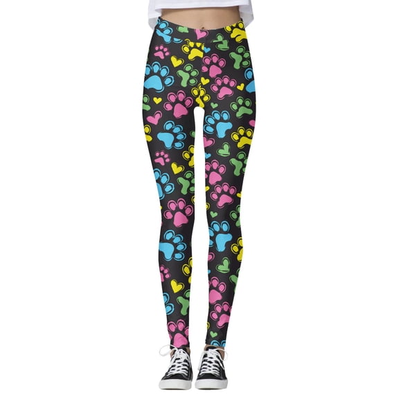Bibifish Women's Graphic Yoga Pants Colorful Paw Print Yoga Pants Black Base Paw & Heart Pattern High Waist Stretchy Funny Leggings