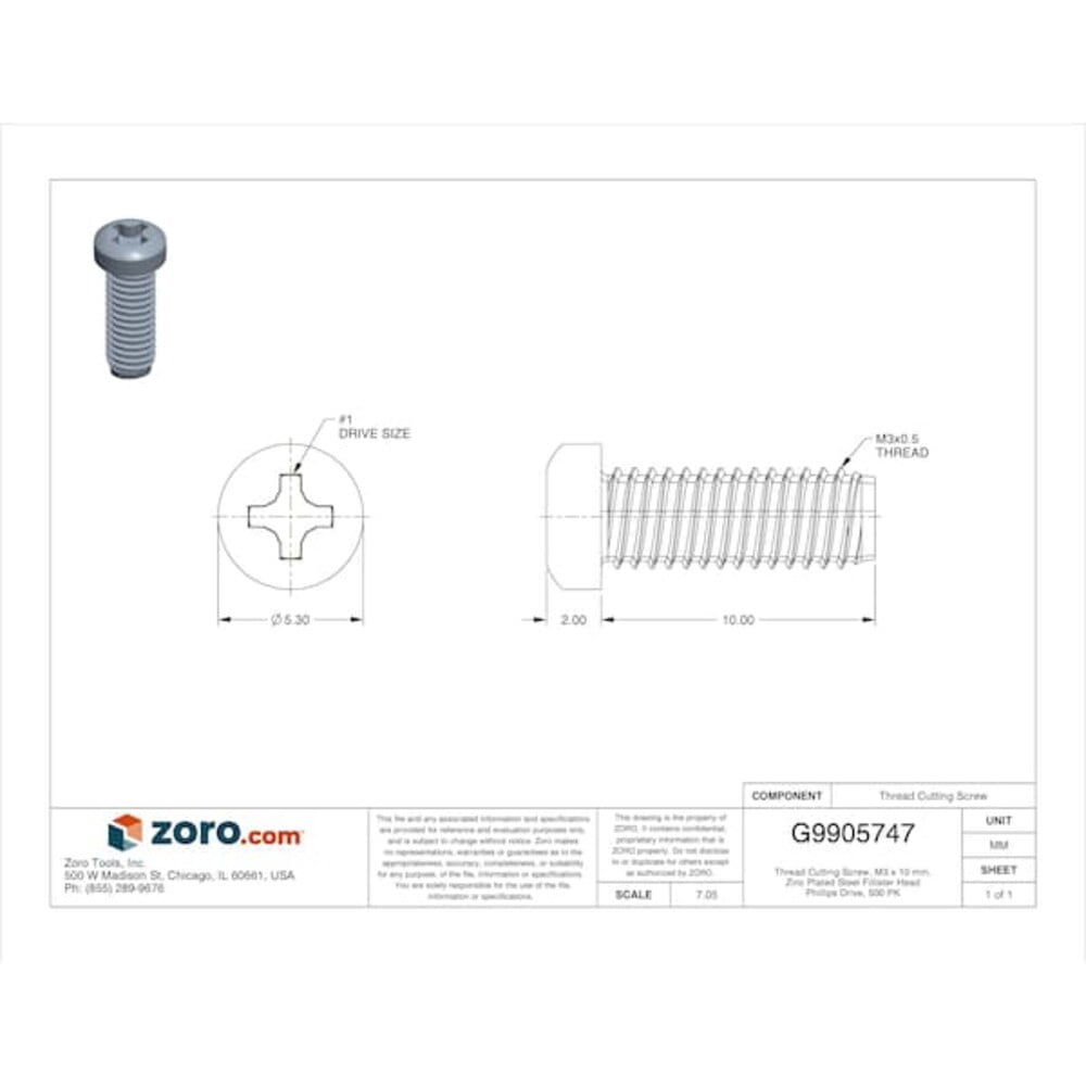 Thread Cutting Screw, M3 x 10 mm, Zinc Plated Steel Fillister Head Phillips Drive, 500 PK