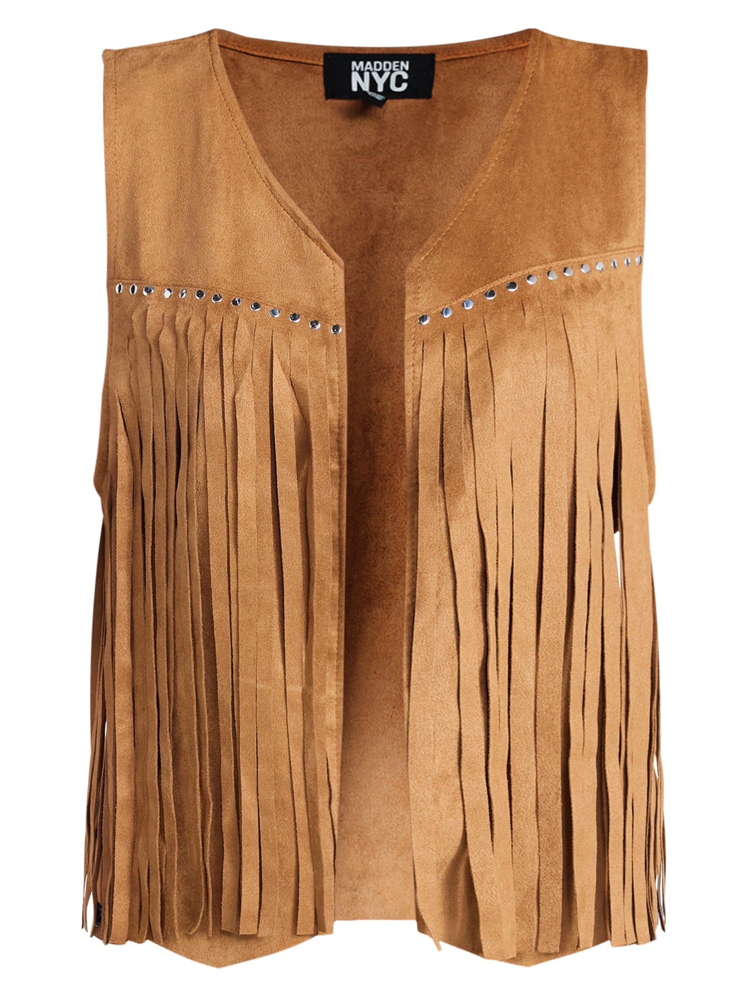 Madden NYC Women's Faux Suede Studded Fringe Vest, Khaki, Sizes S to XL