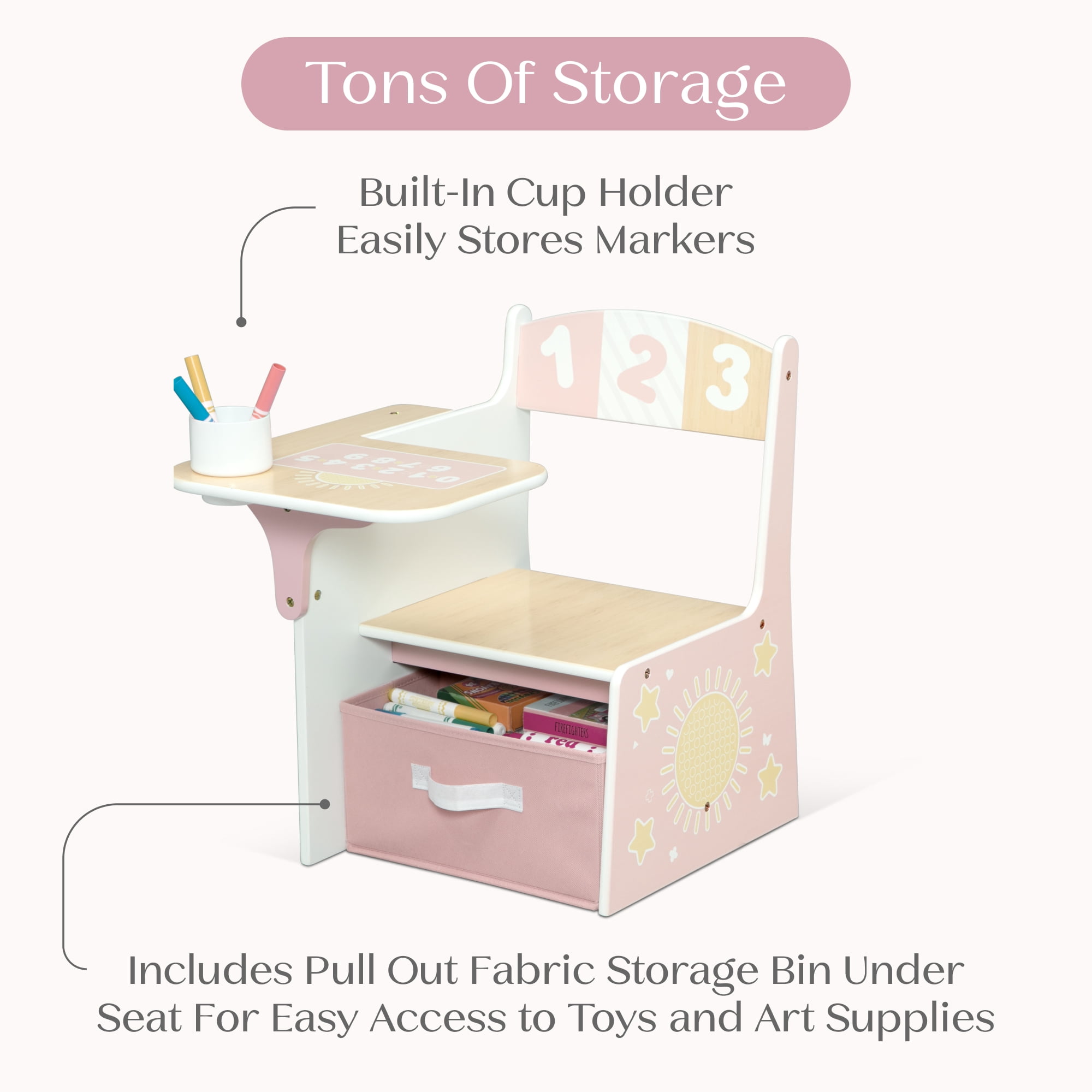 Delta Children 123 Numbers Chair Desk with Storage Bin, Natural & Pink