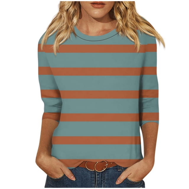 Annhoo Hauts d'Automne pour Femmes 2025 Mode Manches 3/4 Col Ras du Cou Chandails à Enfiler Chemises Décontractées Confort Blouses à Rayures Imprimées