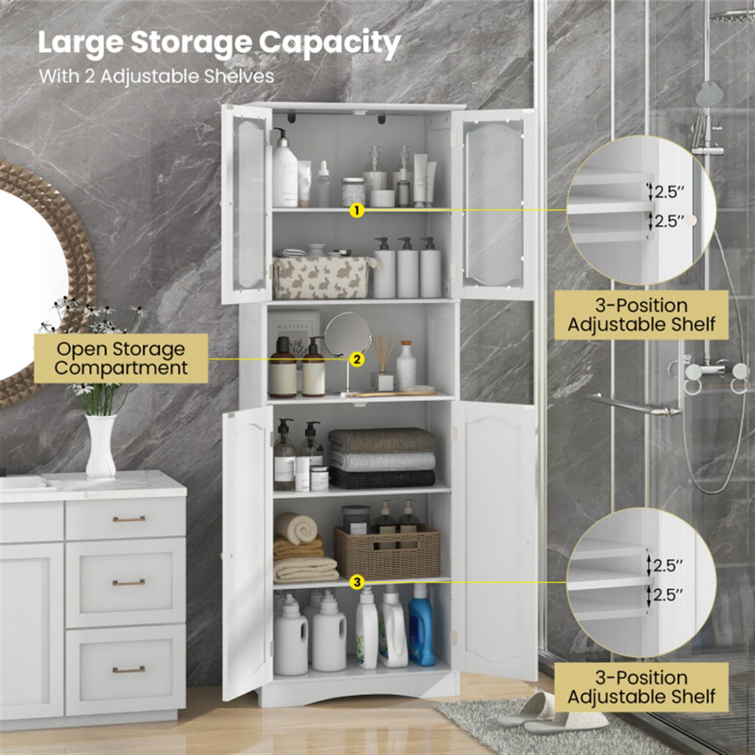 Demi Bonn 64.5" Tall Freestanding Bathroom Storage Cabinet with Frost Glass Doors and Shelves, Pantry Cabinets, White