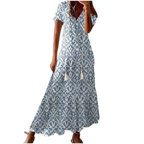 Uaswgudfs Women's Boho Summer Casual Short Sleeve V-Neck Midi Dress - 2025 Geometric Print Cotton Blend Lightweight Everyday Dress Blue L