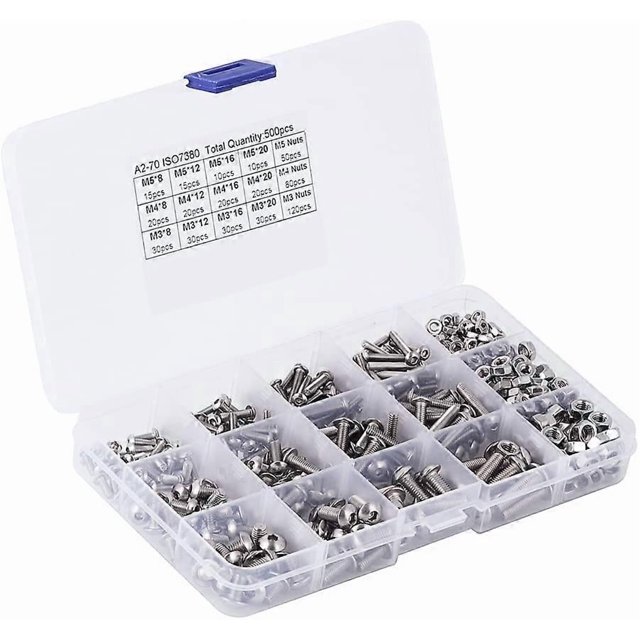 Kit Vis & Écrou, 500 Pcs M3 M4 M5 Boulons à Tête Plate en Acier Inoxydable Kit d'Assortiment Vis & Écrou avec Boîte de Rangement