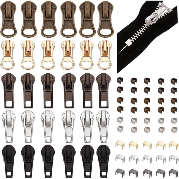 Kit de reparación de cremalleras de 66 piezas, 5 estilos, tirador de cremallera n.° 5, deslizador de cremallera de repuesto, cremallera de aleación de zinc, tope inferior y tope superior.