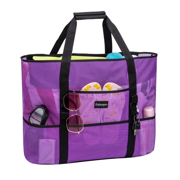 Women Extra Large Beach Bag Shop Grocery Bag Picnic Mesh Tote Bag with Zip and Pocket purple
