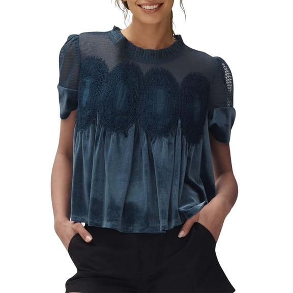 Women's Velvet Lace Round Neck Short Sleeve Blouse - Intricate Back Flared Swing Elegant Top