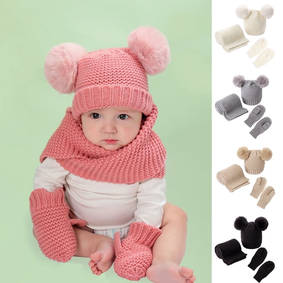 Baby Beanie Mittens Scarf Set Girls Boys, Toddler Winter Hat and Gloves Neck Warmer Set Knit Warm with Fleece Lining