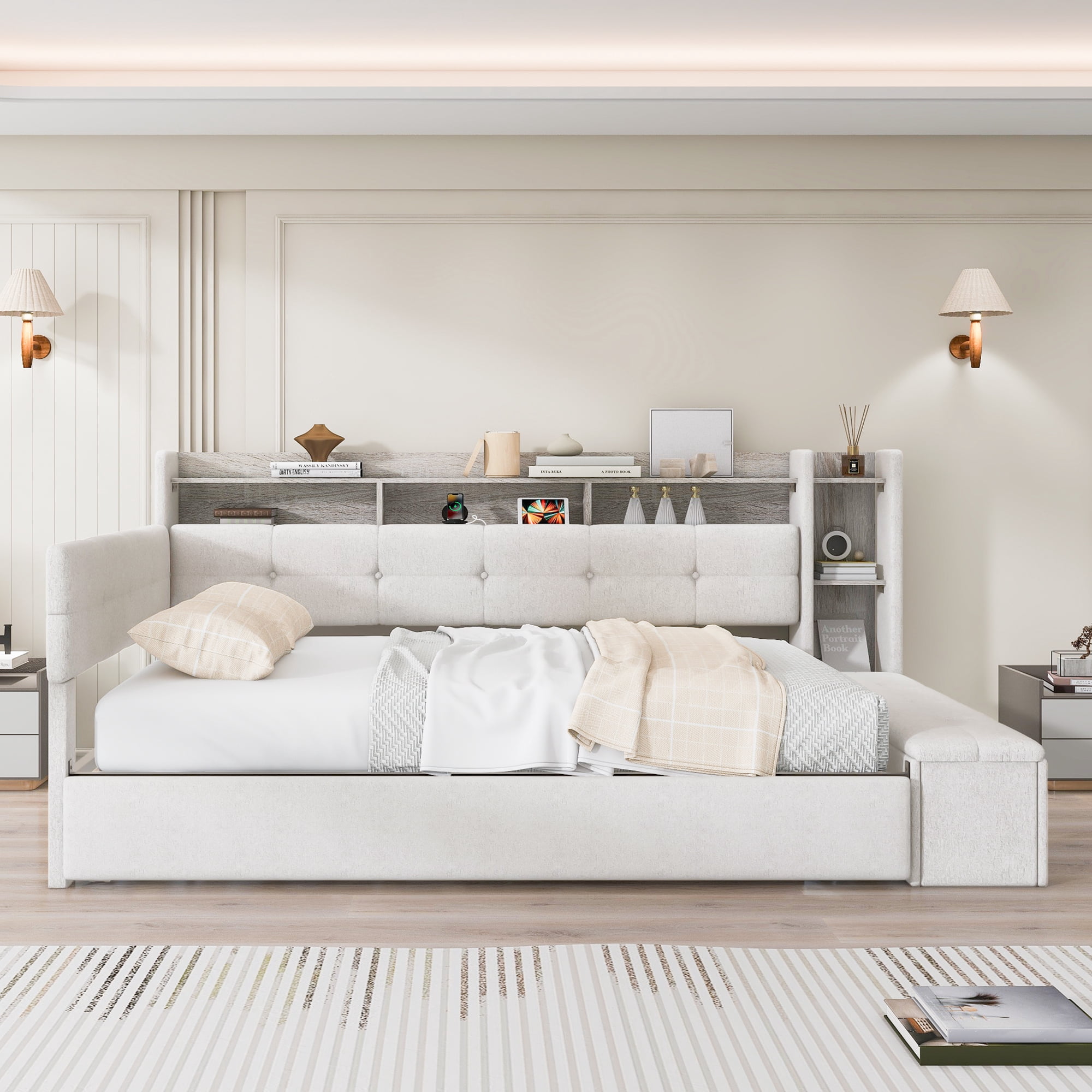 Euroco Upholstery Twin Size Daybed with Trundle, Storage Sofa Bed with Footstool and Shelves, LED Light and USB Charging, Beige