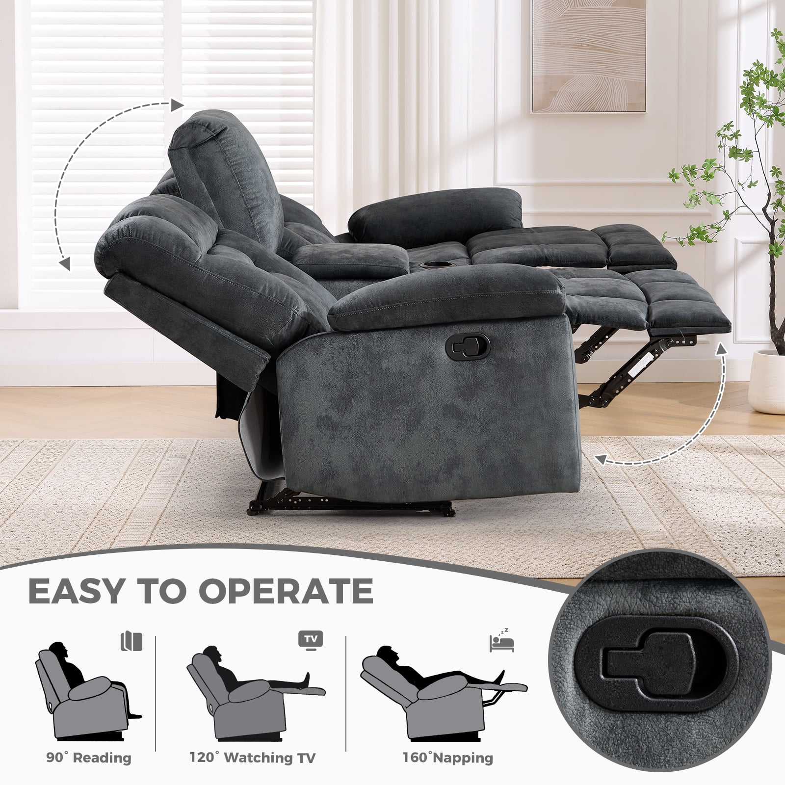 Bonzy Home Manual 3-Seat Reclining Sofa — Wide Backrests & Headrests, Gray