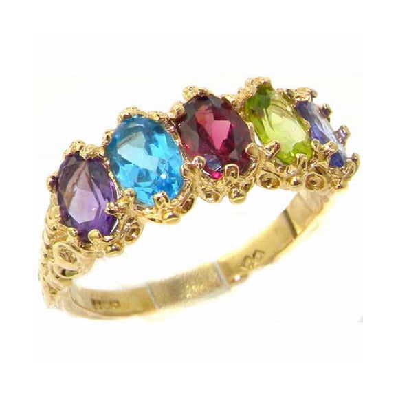 LBG British Made 10k Yellow Gold Natural Multi Gemstone Womens Eternity Ring - 33 size options - Size 10
